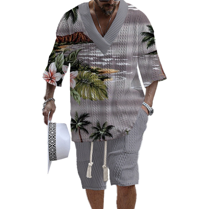 Men's Printed Short Sleeve Shorts Textured Set 41116575YY