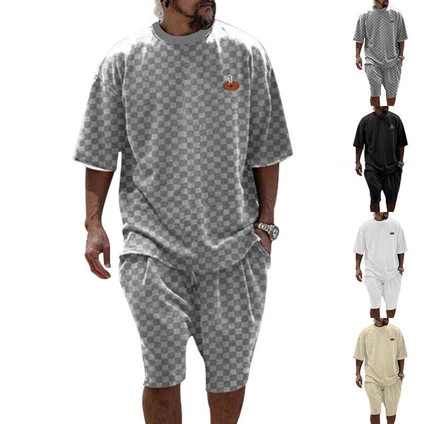 Men's Plaid Trendy Short-sleeved T-shirt Shorts Casual Sports Set 08962460L