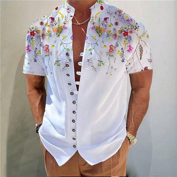 Men's Stand Collar Floral Printed Short Sleeve Shirt 49794334YY