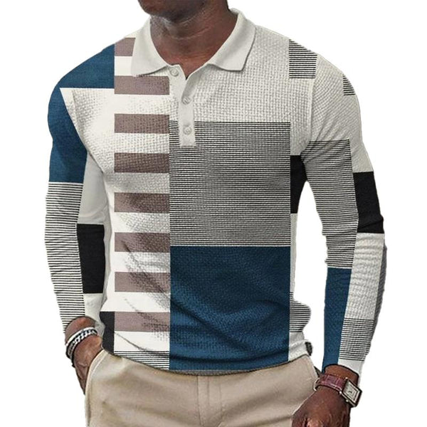 Men's Printed Lapel Button-Down Polo Long Sleeve T-Shirt 08078270L