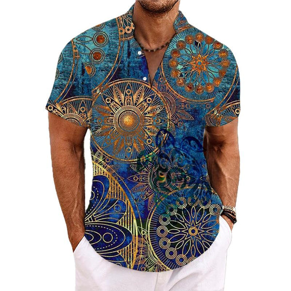 Men's Sea Turtle Flower Printed Henley Collar Short Sleeve Shirt 55138340L