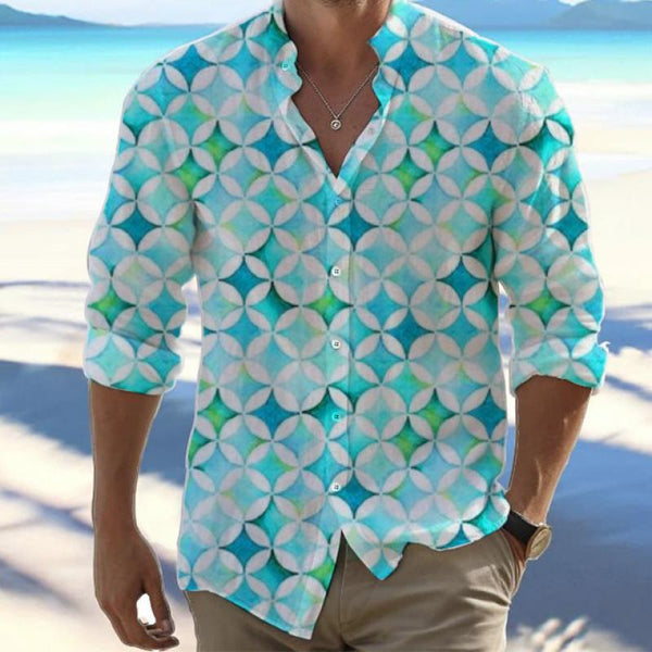 Men's Geometric Patterns Printed Fashionable and Casual Long Sleeve Shirt 91439142L