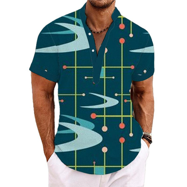 Men's Simple Lines Henley Collar Printed Short Sleeve Shirt 68918930L