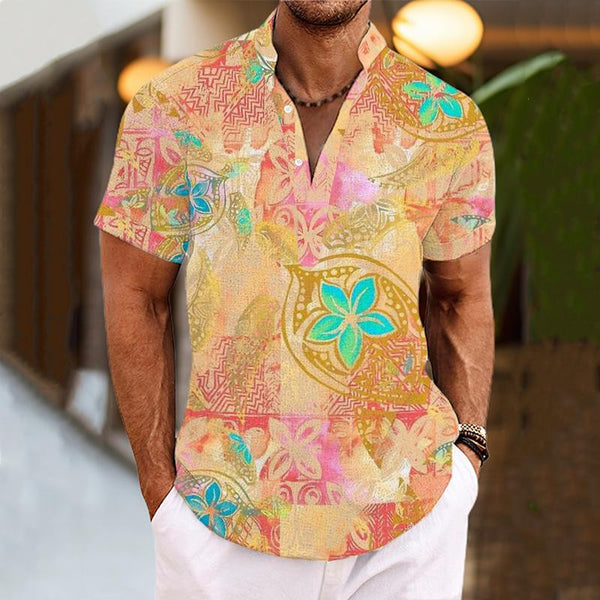 Men's Sea Turtle Hawaii Vacation Henley Collar Printed Short Sleeve Shirt 26445989L