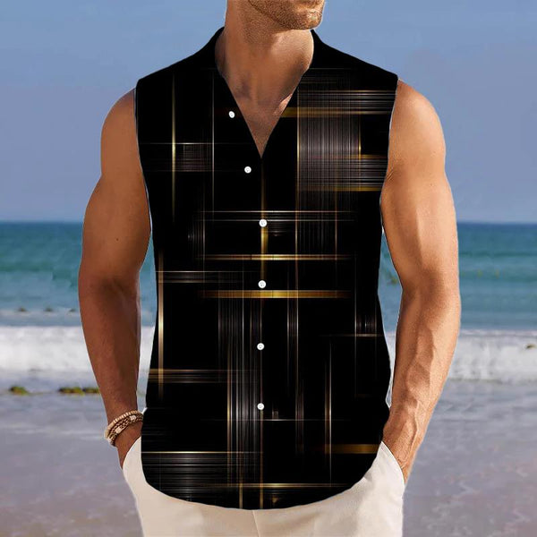 Black Gold Printed Stand Collar Sleeveless Shirt Tank Top 85063112L