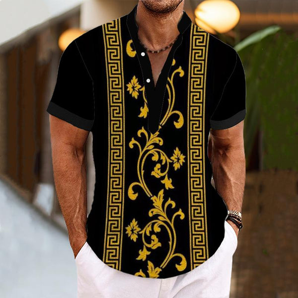 Men's Henley Collar Baroque Printed Short Sleeve Shirt 57563547L