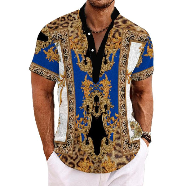 Men's Henley Collar Baroque Printed Short Sleeve Shirt 19655342L
