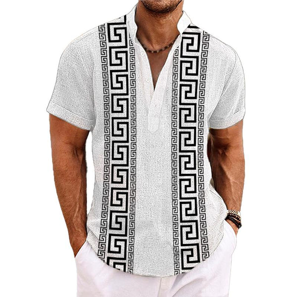 Men's Henley Collar Baroque Printed Short Sleeve Shirt 69630525L