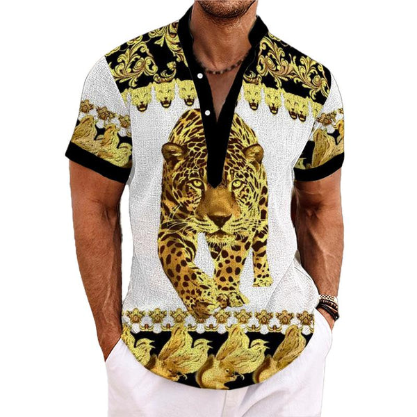 Men's Henley Collar Baroque Printed Short Sleeve Shirt 29604345L