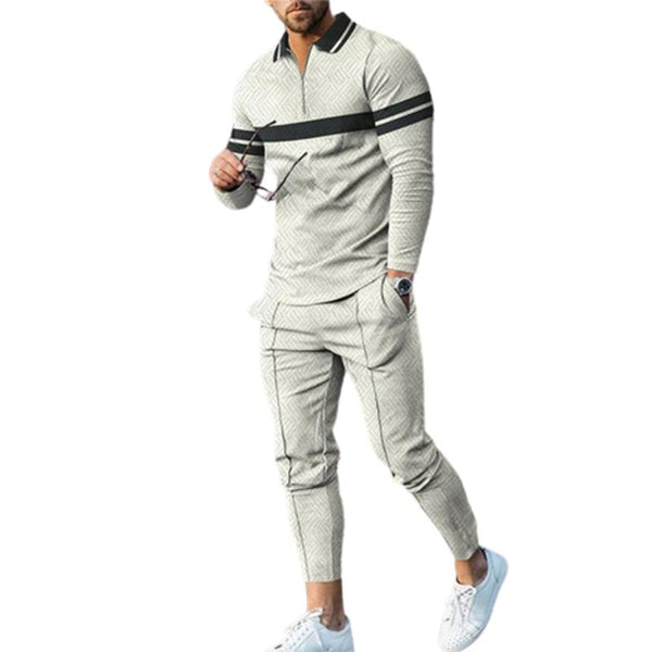 Men's Color-block Print Long-sleeved Polo Shirt Set 52702659L