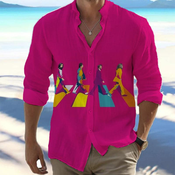 The Beatles Printed Hawaii Vacation Stand Collar Casual Long Sleeve Shirt 03112484L