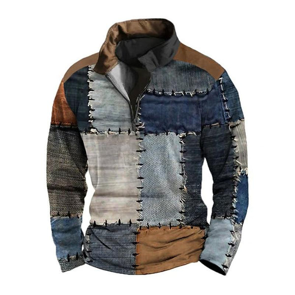 Men's Patchwork Denim Printed Half-zip Sweatshirt 36586053L