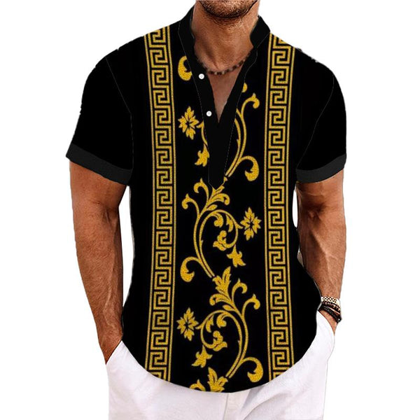 Men's Henley Collar Baroque Printed Short Sleeve Shirt 57563547L