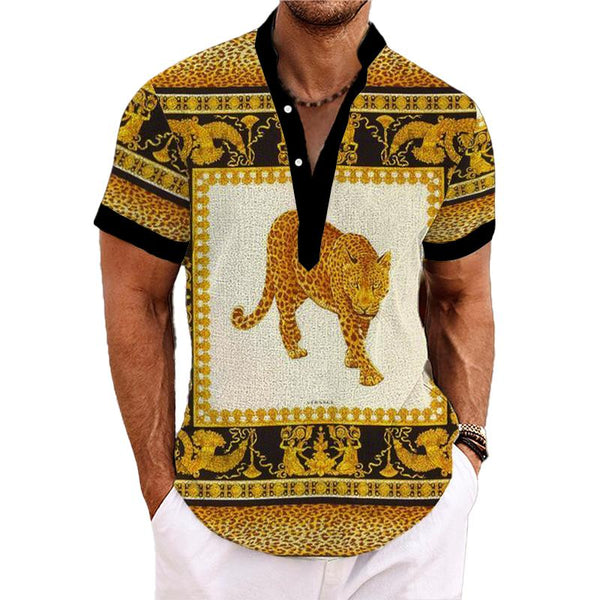 Men's Henley Collar Baroque Printed Short Sleeve Shirt 88972973L