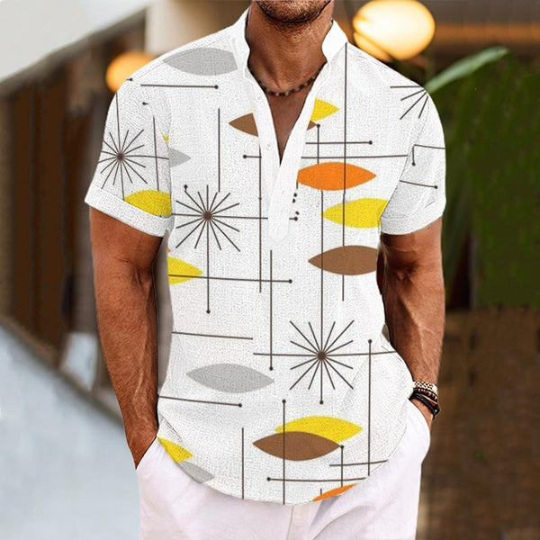 Men's Lines Dots Henley Collar Printed Short Sleeve Shirt 25586108L