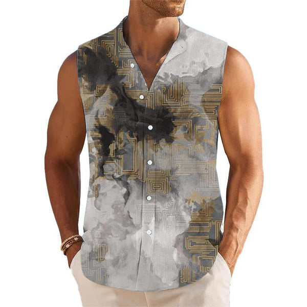 Tie-Dye Maze Printed Stand Collar Sleeveless Shirt Tank Top 71982753L