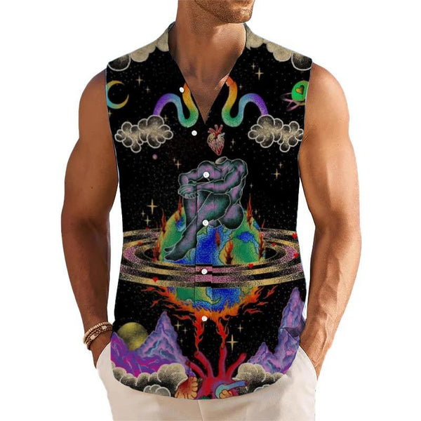 Abstract Planet Printed Stand Collar Sleeveless Shirt Tank Top 30209850L