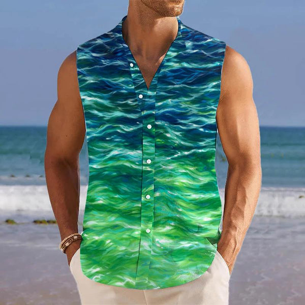 Water Ripple Printed Stand Collar Sleeveless Shirt Tank Top 35439045L