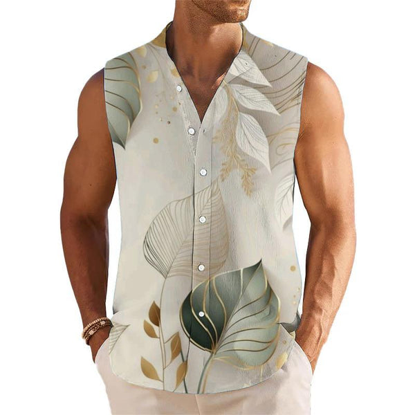 Leaves Printed Stand Collar Sleeveless Shirt Tank Top 51060977L