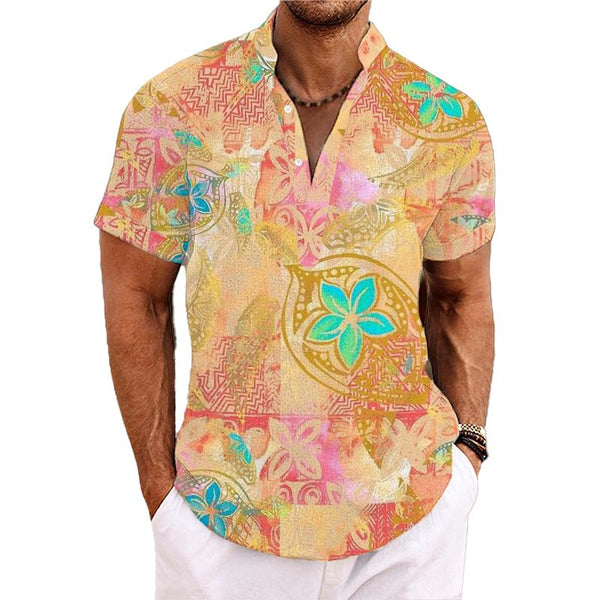 Men's Sea Turtle Hawaii Vacation Henley Collar Printed Short Sleeve Shirt 26445989L