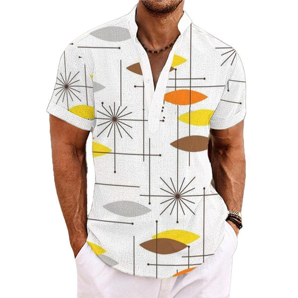 Men's Lines Dots Henley Collar Printed Short Sleeve Shirt 25586108L