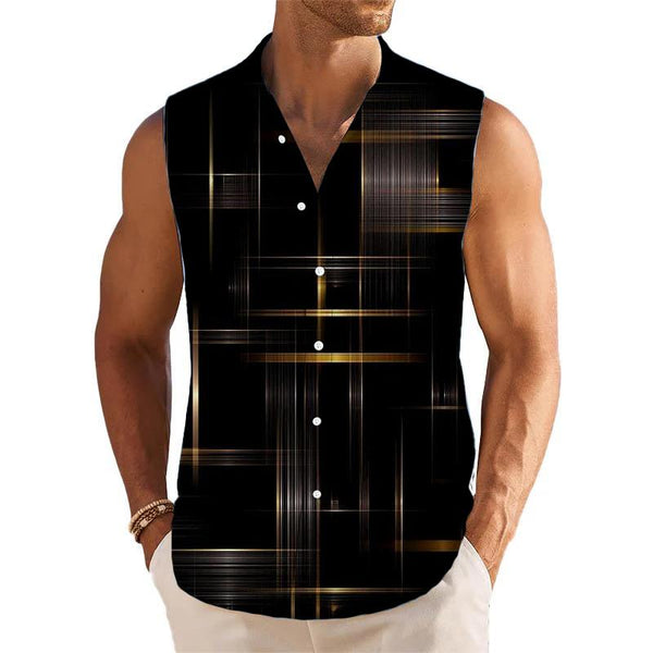 Black Gold Printed Stand Collar Sleeveless Shirt Tank Top 85063112L