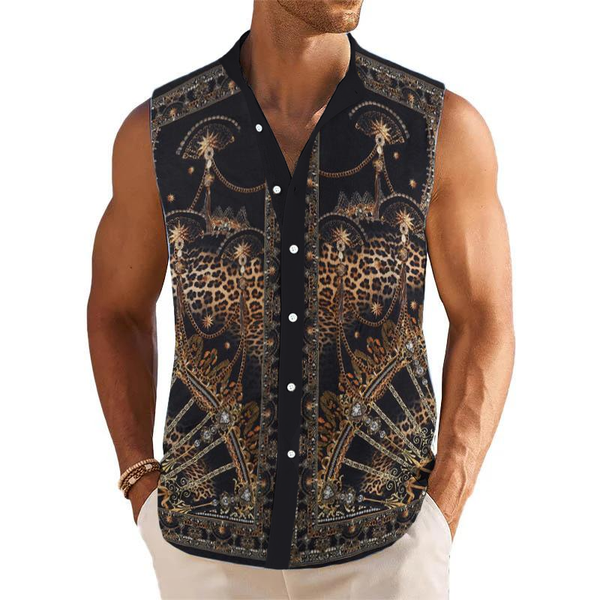 Baroque Leopard Printed Stand Collar Sleeveless Shirt 13874001L