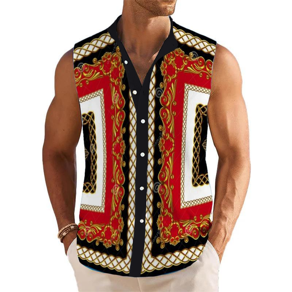 Baroque Greek Printed Stand Collar Sleeveless Shirt 78527787L