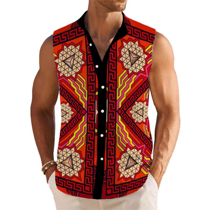 Baroque Greek Printed Stand Collar Sleeveless Shirt 54009906L