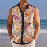 Floral Leopard Printed Stand Collar Sleeveless Shirt 33506193L