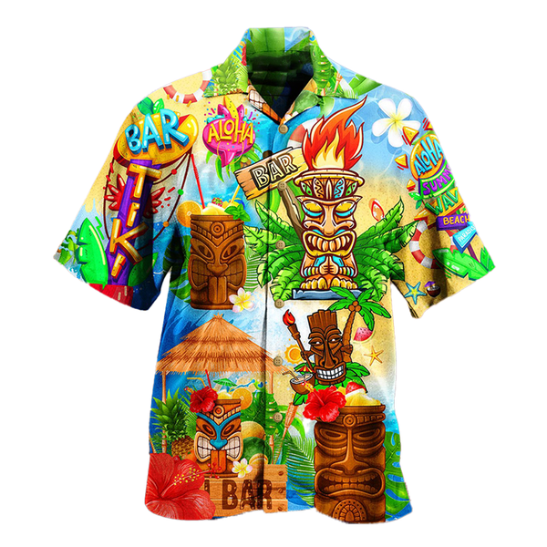 Men's Hawaiian Vacation Tiki Wave Print Short Sleeve Shirt 11410987L