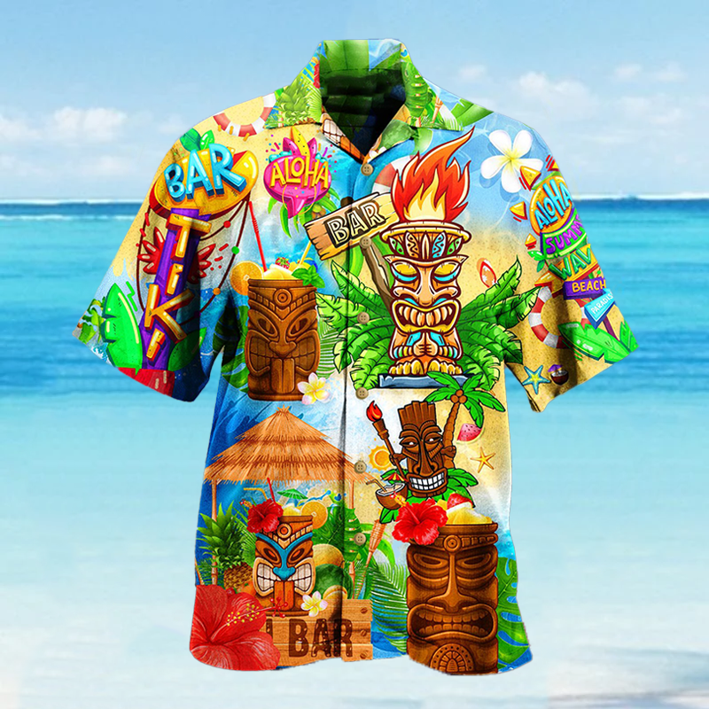 Men's Hawaiian Vacation Tiki Wave Print Short Sleeve Shirt 11410987L