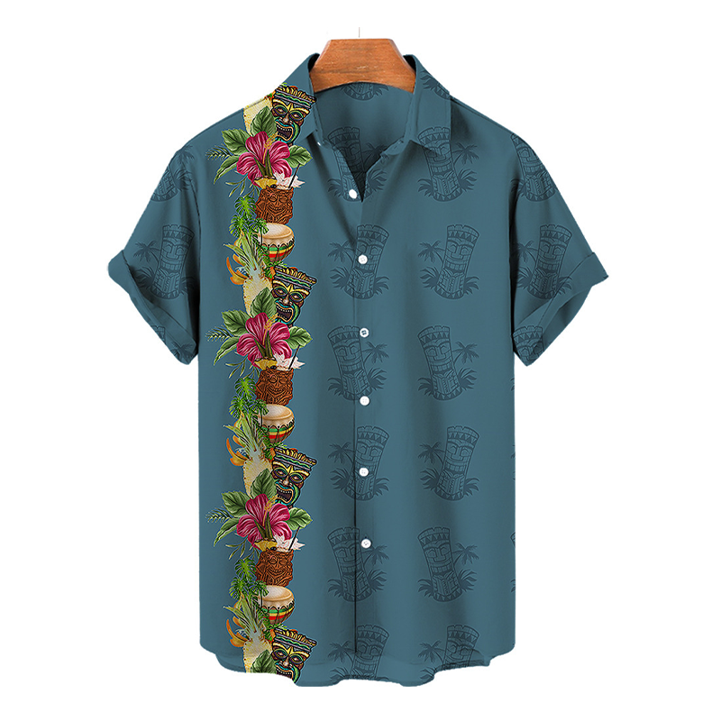 Men's Hawaiian Vacation Tiki Print Casual Short Sleeve Shirt 86764317L