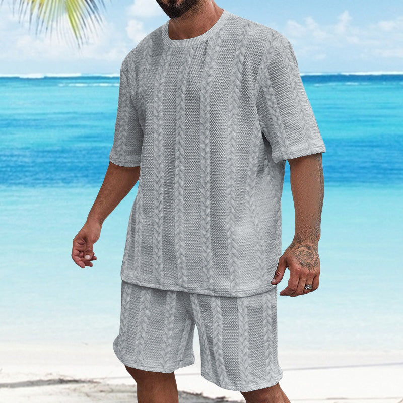 Men's 2 Pice Texture Solid Color Short Sleeve Top and Shorts Casual Sets 71127594YY