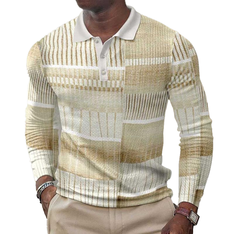 Men's Printed Lapel Button-Down Polo Long Sleeve T-Shirt 66841216L