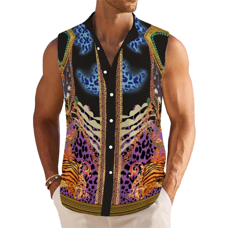 Men's Breathable Linen Lapel Beach Sleeveless Shirt 40807149YM