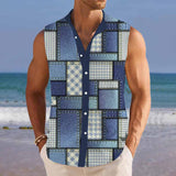 Men's Color Block Lapel Beach Sleeveless Shirt 59289475YY