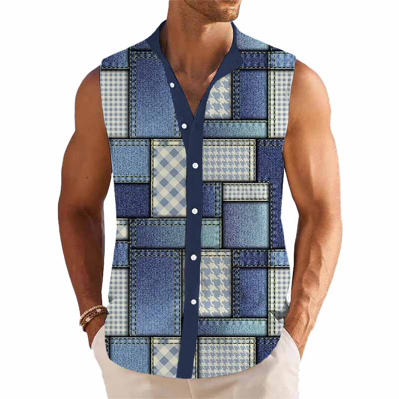 Men's Color Block Lapel Beach Sleeveless Shirt 59289475YY