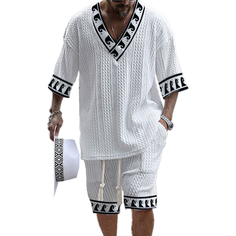 Men's Printed Short Sleeve Shorts Textured Set 48205375YY