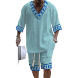 Men's Printed Short Sleeve Shorts Textured Set 48205375YY