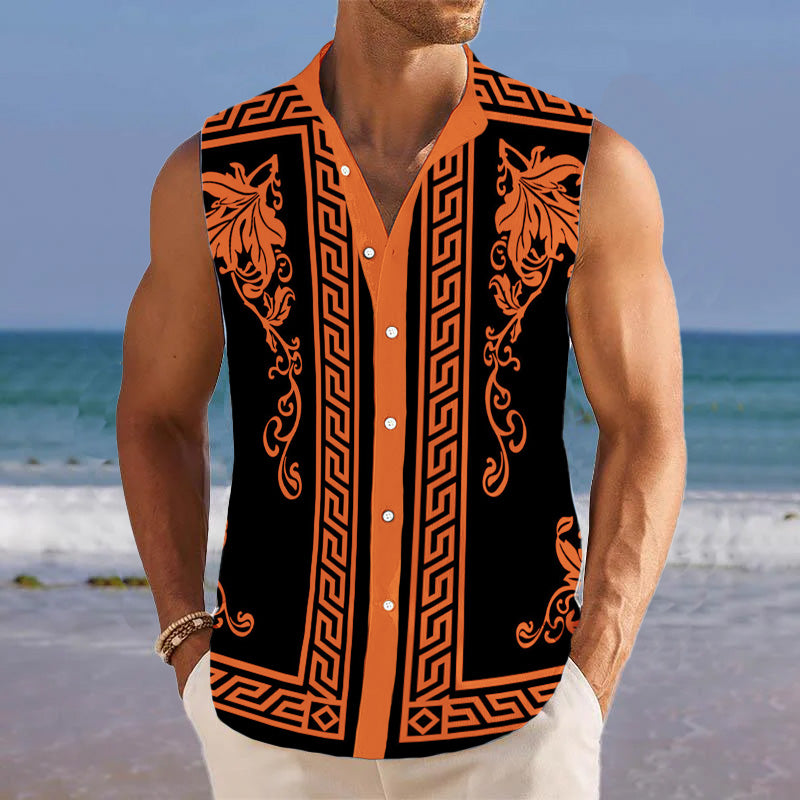 Men's Breathable Linen Lapel Beach Sleeveless Shirt 31607271YM