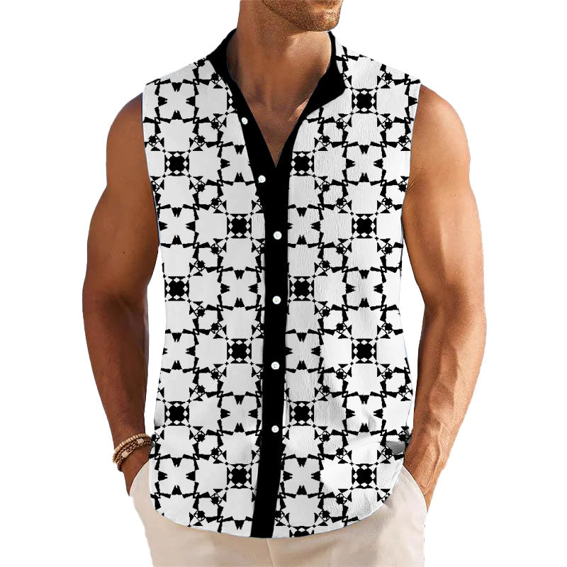 Men's Retro Printed Lapel Beach Sleeveless Shirt 58816260YY