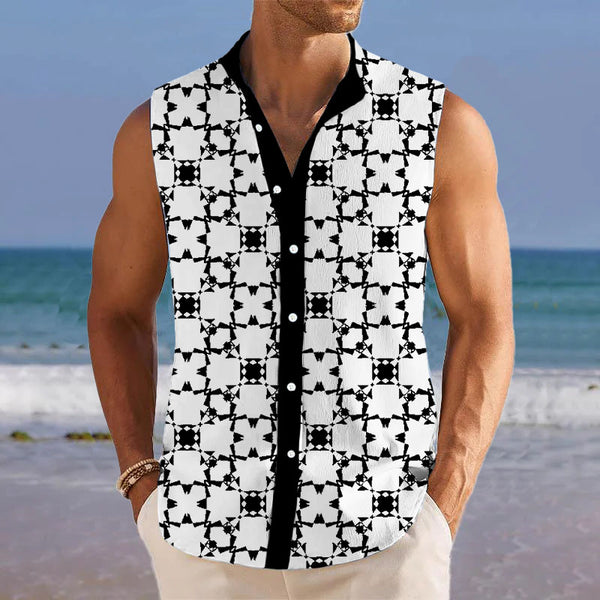 Men's Retro Printed Lapel Beach Sleeveless Shirt 58816260YY