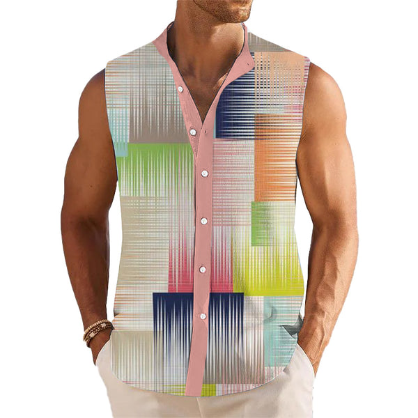 Men's Breathable Linen Lapel Beach Sleeveless Shirt 82078799YM