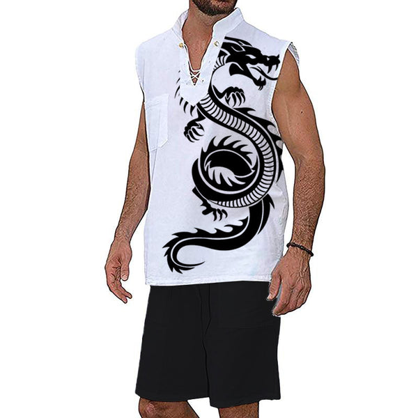 Men's Drawstring Collar Sleeveless Linen Shirt Shorts Set 48801472YM