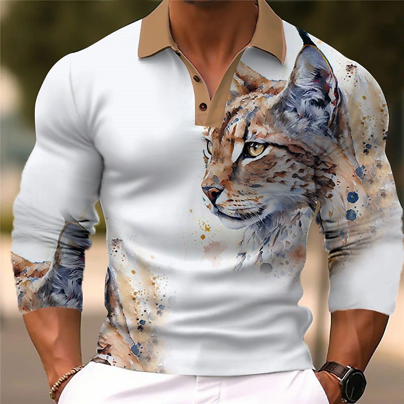 Men's Fashion Cat 3d Printed Long Sleeve Polo Shirt 22373596YY