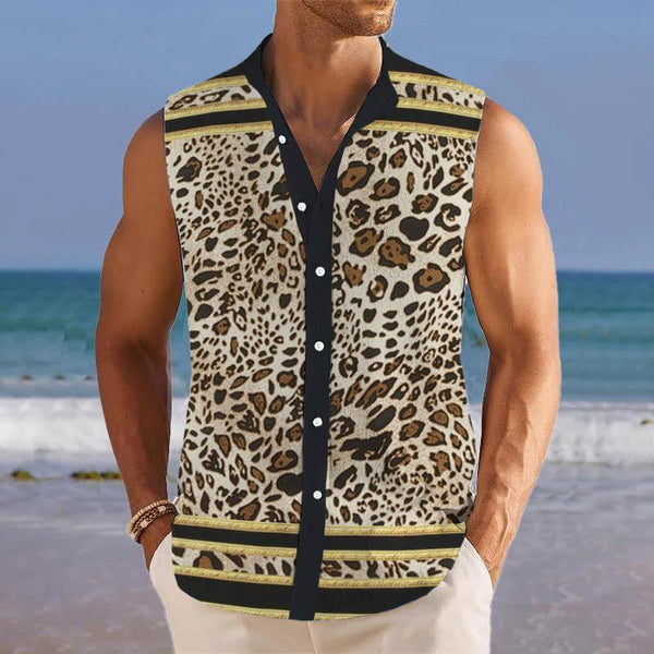 Men's Leopard Print Lapel Beach Sleeveless Shirt 64727881YY