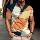 Men's Geometric Stripe 3d Printed Short Sleeve Henry T-Shirt 00343744YY