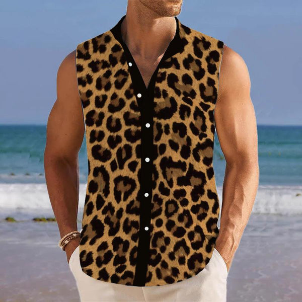 Men's Leopard Print Breathable Linen Lapel Sleeveless Shirt 90613567YM