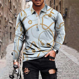 Men's 3d Print Casual Long Sleeve Zipper Lapel Polo Shirt 29713442YY